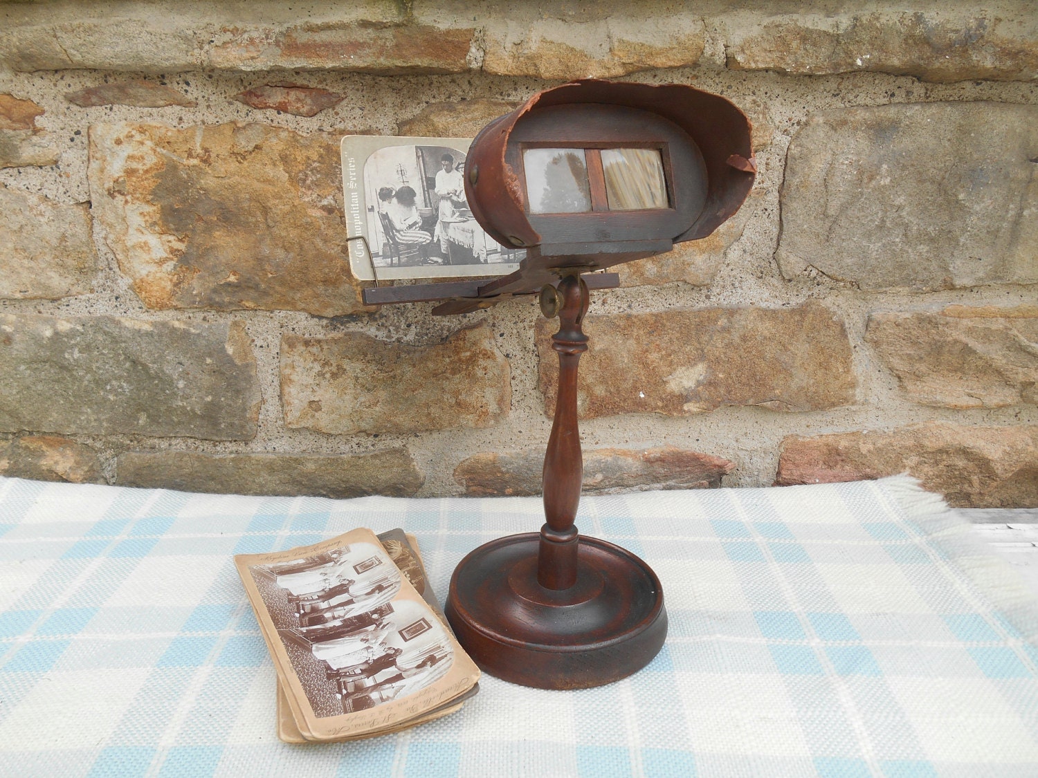 Antique Stereoscope Stereoview Card Viewer On Wood Pedestal