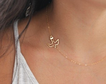 Bird necklace, off centre 14k gold fill dove swallow sparrow Necklace, layering necklace, freedom, flight, free spirit, sideways necklace