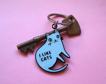 Enamel Cat Keyring - I like cats - Keyring - Cat kering - Enamel keyring - Blue cat - Cats - Cat gift - Keychain - Cat illustration - enamel