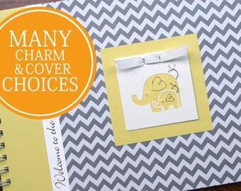 Baby Memory Book | Baby Book | Baby Album Photo Book & Journal | Personalized Baby’s First Year Book | Elephants | Gray Chevron + Yellow