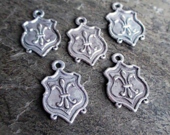 silver toned shield charms medals fleur de lis french military badge crest coat of armor tags, lot of 5 pcs