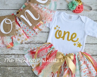 Pink Mint Gold Coral 1st Birthday Girl Outfit 1st Birthday Outfit Baby Tutu Baby Girl 1st Birthday Outfit Cake Smash Girl Outfit Fabric Tutu