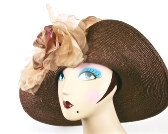 Brown Kentucky Derby Hat, Brown Womens Straw Hat, Brown Easter Hat,