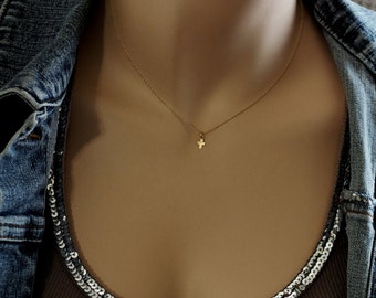 TINY Gold Cross Necklace, 14k Gold Cross Necklace, Christian Cross Necklace, Solid Gold Tiny Cross Necklace, Minimalist Cross Necklace