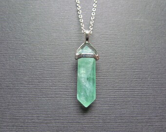 Green Calcite Necklace - Sterling Silver Pendant - Calcite Jewelry - Raw Rough Faceted Gemstone Point Pendulum Necklace -