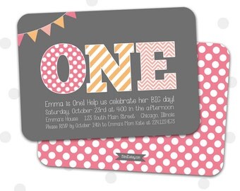 1st Birthday Invitation, Girl's First Birthday Invitation, 1st, 2nd, 3rd Girl's Birthday Invitation, Pink and Orange, Gray, Printable