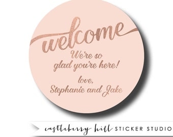 Welcome basket stickers, welcome basket tag welcome bag sticker welcome bag gift tag faux rose gold sticker rose gold favor blush wedding