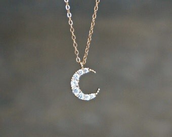 Crescent Moon Necklace // CZ Encrusted Moon Pendant on a 14k Gold Filled Chain • Dainty Celestial Jewelry • I love you to the Moon and Back