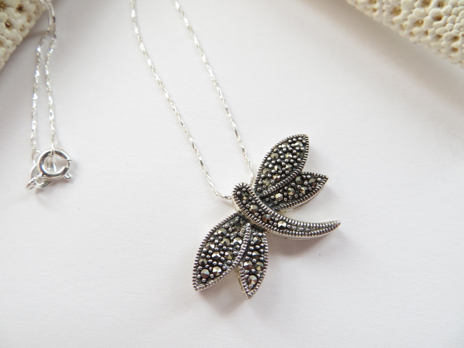 Marcasite Dragonfly Necklace Sterling Silver Dragonfly Slide