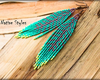 4"Seed Beaded Feather Earring,Native Indian Style Turquoise ~Bohemian Leaf Seed Bead Work~Long Bohemian Fringe~Native American Inspired BOHO