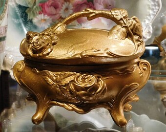 1900s Antique Jewelry Casket Box Repousse Ormolu Art Nouveau Victorian Metal Trinket Box Gold Footed Vanity Boudoir Dressing Table Cottage