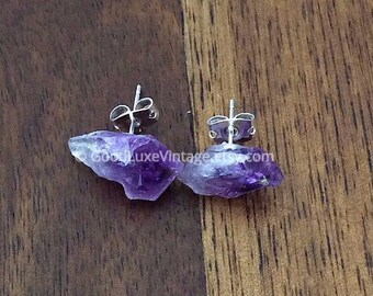 Raw Amethyst Earrings Druzy Studs Natural Gemstone Geode Crystal Boho Bride Bridesmaid Gift for Her Sterling Silver Minimalist Jewelry