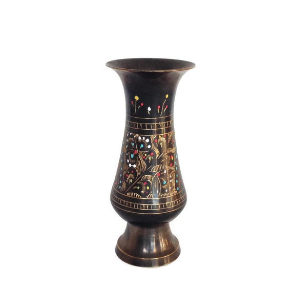 Vintage brass vase etched metal and enamel floral metallic decoration