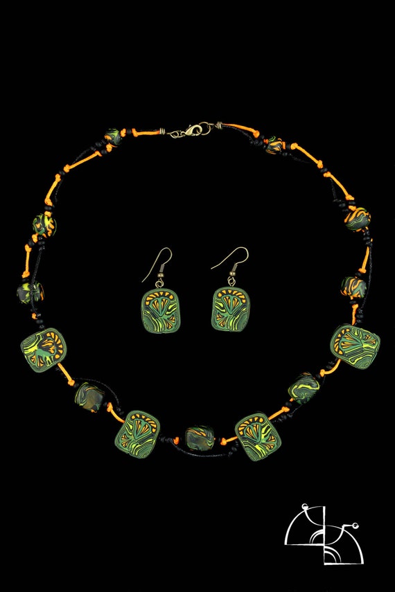 Tropical. Polymer clay Jewelry set. Boho earrings, abstract necklace. hippie style fashion, cool nice gift for her