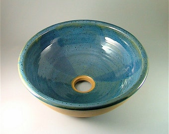 Pottery Bathroom Sink - Glossy Blue-Green With Natural Clay Outer Edge / Handmade Ceramic Sink