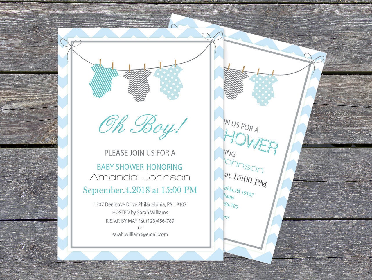 Onesie Baby Shower Invitation Template Blue & Grey Chevron