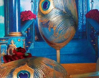 SET of 2 Hand Painted wine glasses Peacock theme in turquoise, blue and gold color