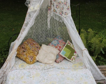 Ivory lace Bed Canopy, lace scarf bed tent, white wedding cake tent, boho tent, photo prop tent