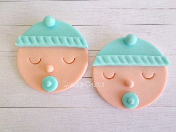 Baby Boy Shower Cupcake Fondant Toppers, Gender Reveal Party, Baby Shower Decor, 1st Birthday Party, Blue Edible Toppers, Baby Face- set 12 Il_570xn