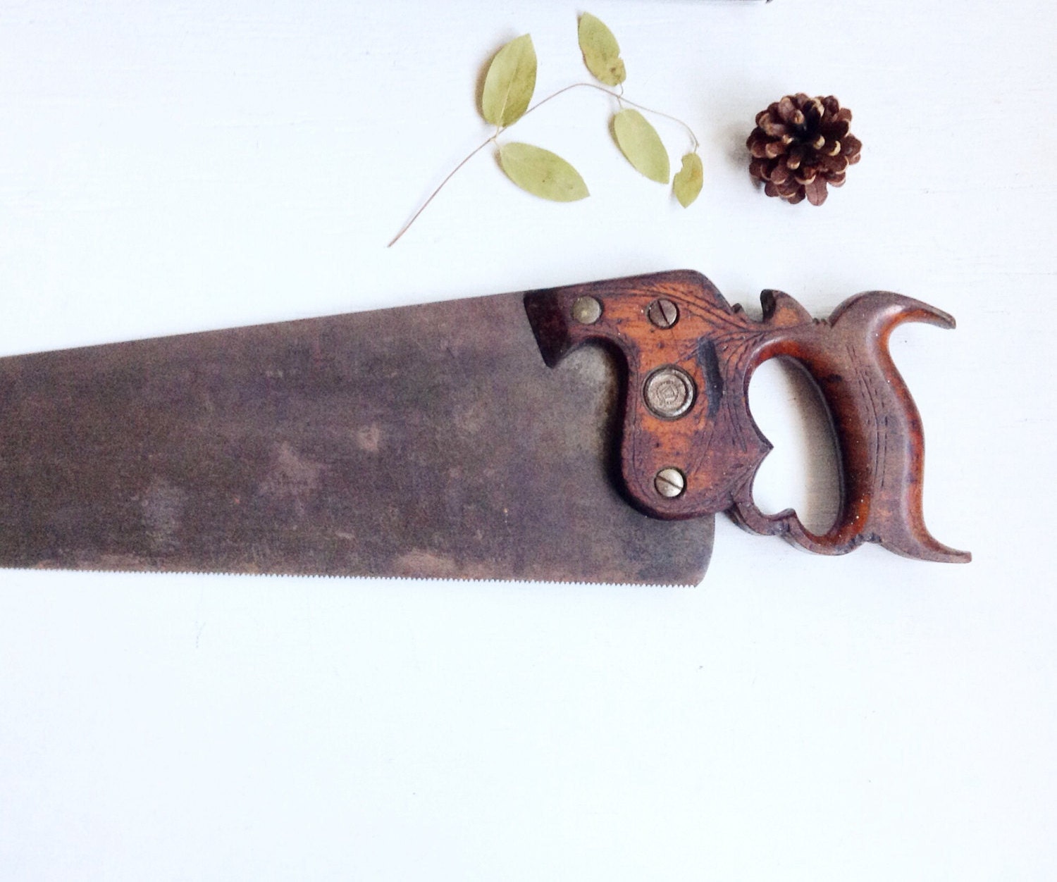 Woodland Farmhouse Antique Disston Hand Saw with Decorative