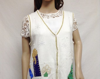 Ugly Christmas Sweater, sweater Vest, L,Presents, Gifts ,Christmas Tree ,Large, White , Gold Trim