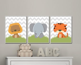 Safari Nursery Decor, Baby Boy Nursery Art Prints. Animal Nursery Prints. Includes Lion, Elephant and Tiger, Set of 3 Prints - S-290