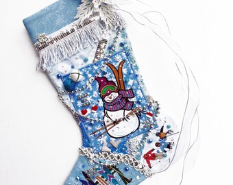 Snow skier Christmas stocking, a custom handmade one-of-a-kind holiday decoration for anyone who loves to ski