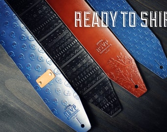READY to SHIP Custom Leather Guitar Strap, Personalized Last minute gift, Acoustic, Electric, Bass, Adjustable, name, initials