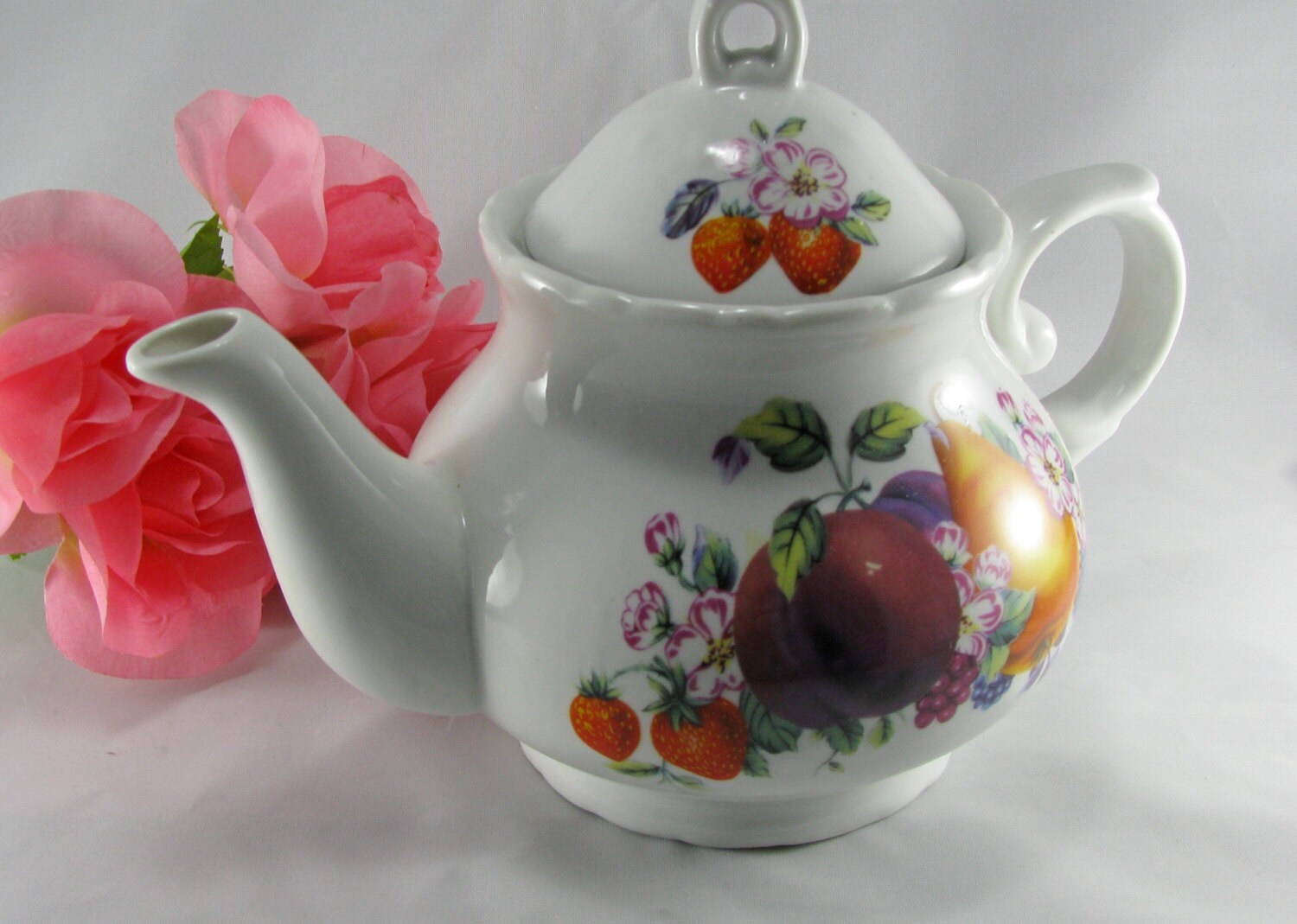 Vintage White Ceramic Teapot With Pretty Fruit & Flower