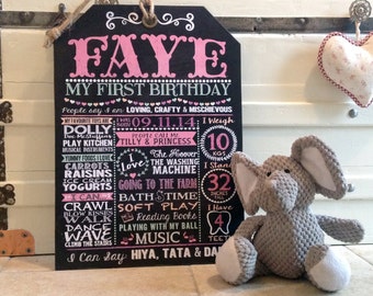 First Birthday Chalkboard effect Sign- Customised Unique Gift - great photo prop - new baby gift, first birthday gift, Godchild gift