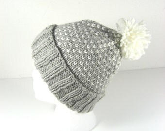 Pompom beanie, gray knit hat, merino toque, hand knit toque, merino wool hat, gray & white, snowflake hat, chunky knit hat, removable pompom