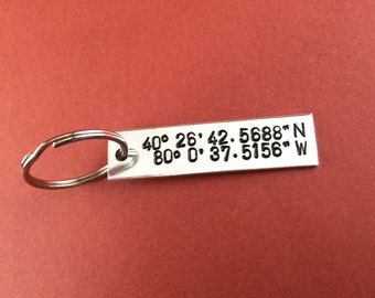 Coordinates Keychain Hand Stamped Aluminum Silver Color Gift Longitude Latitude Favorite Place Map Location Personalized Gift - Christmas