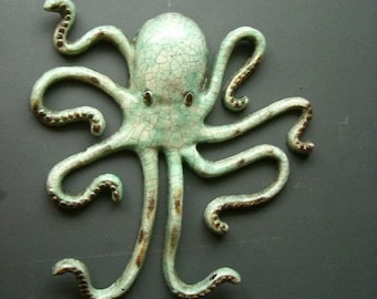 Cast iron Turquois Octopus. Large Wall hanging nautical decor.
