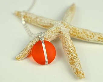 Orange sea glass pendant wire wrapped jewelry wire wrapped pendant wire wrapped sea glass jewelry orange jewelry handcrafted necklace gift
