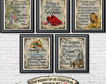 Wizard of Oz poster prints, 5 vintage Dorothy art printed onto old dictionary book pages. Mixed media set 1 wall decor shabby chic