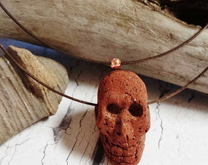 Skull Jewelry ~ Mens Lava Stone Skull Pendant ~ Rugged, Rustic Necklace for Hipster Dad, Boyfriend, Student of Aztec Culture, Rocker, Skater