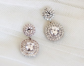 Crystal Bridal Earrings Princess Wedding Jewelry Round Square Wedding Earrings Halo Earrings Cubic Zirconia Post Earrings Bridal Jewelry