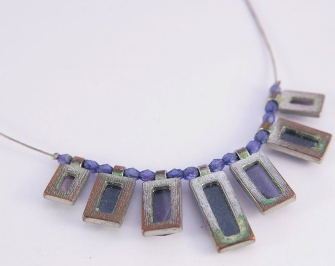 Violet Bib Necklace Delicate Dainty Amethyst Color Bar Beaded Wire Necklace