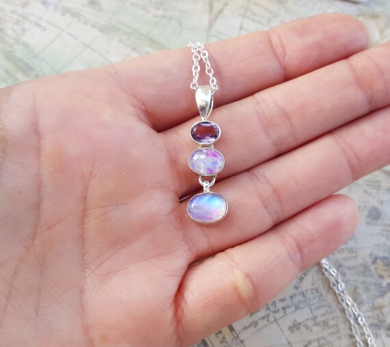 Sterling Silver Pink Moonstone Necklace Minimalist Gemstone