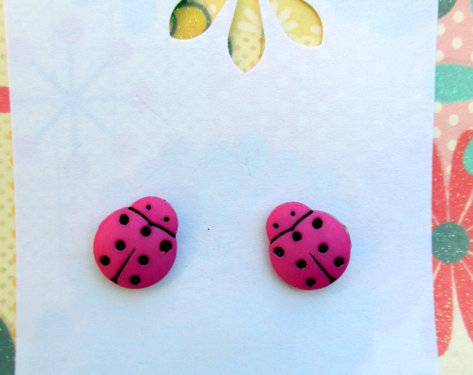 Pink Ladybug Earrings-Lady bug studs-Insect Jewelry-tween-girls earrings-light pink-nickel free-sterling silver-Hot pink