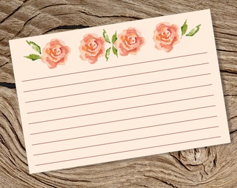 Printable 4 x 6 Blank Index Card - Pink Watercolour Rose Theme - Stylish Card- Revision, Recipe, College, School Storage Organisation - PDF