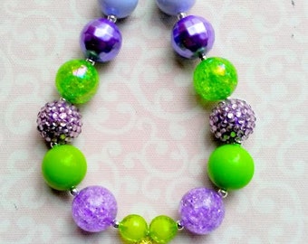 Tinkerbell Necklace, Chunky Bubblegum Bead Necklace with Rhinestone Pendant, 20mm Beads, Green and Purple, Petter Pan, Disney, Fairy