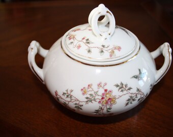 Beautiful lidded china sugar dish, cherry blossoms and birds
