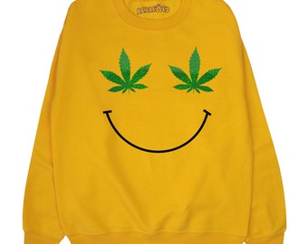 Weed Leaf Smiley Face Sweatshirt ∘ 70s ∘ Retro ∘ 90s ∘ Pot Marijauna Cannabis Sweater ∘ Jumper