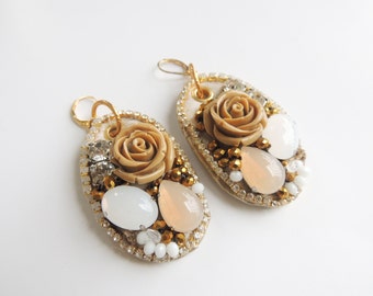 Beige Earrings Gold Leather Earring Vegan Earrings Suede Earrings Vegan Leather Jewelry Lightweight Earrings Resin Rose Earrings SALE Bijoux