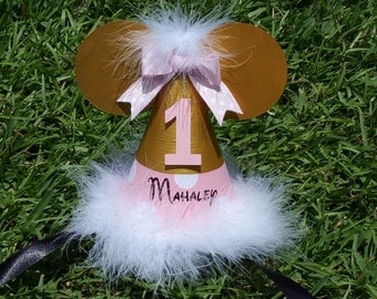 Pink and gold Minnie Mouse birthday hat with name