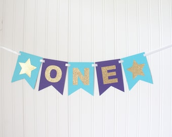 Gold, Aqua & Purple ONE High Chair Banner Star Happy Birthday Banner/ Girl Birthday/Under the sea Party/ Party Decorations/1st birthday