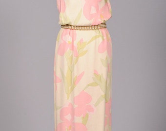 Stunning Vintage 1970s Bill Blass Pastel Floral Silk Crepe Gown
