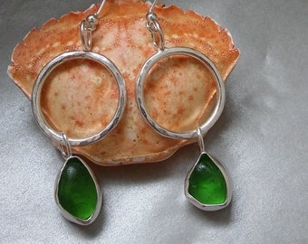 Cornish Green Sea glass earrings, Sea Glass earrings, Sea glass jewelry, Sea glass jewellery, Silver Drop earrings, Silver hoop earrings.