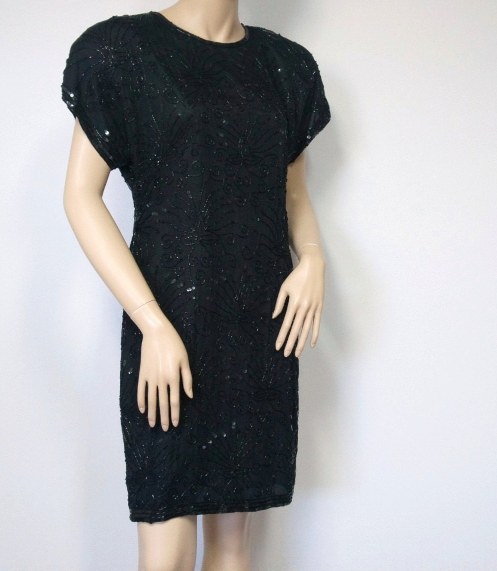 1980's Beaded Dress Laurence Kazar Silk Big Shoulder Mini